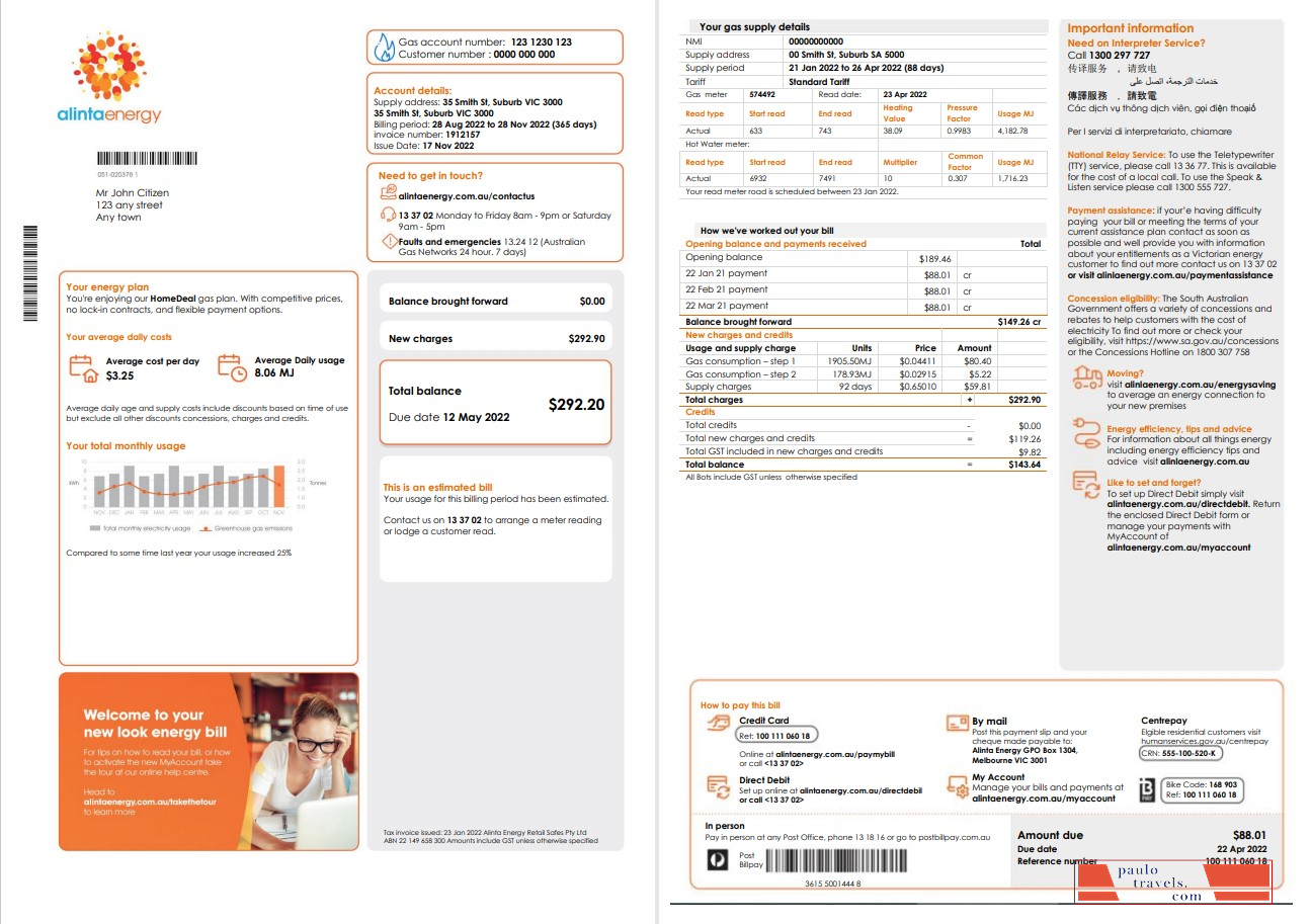 Australia Alinta Energy gas utility bill template in Word and PDF format, 2 pages